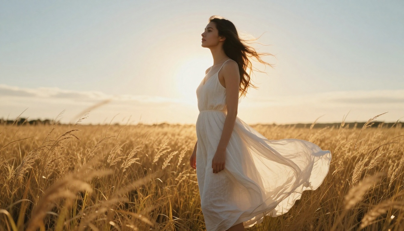 Woman in flowing white dress in golden hour sunlit field