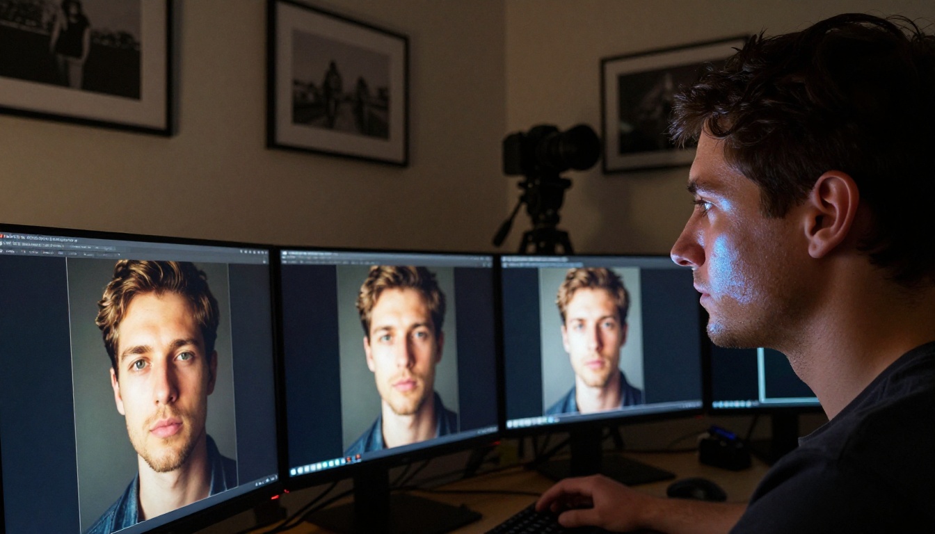 AI photographer reviewing generated images on dual monitors in professional photography studio