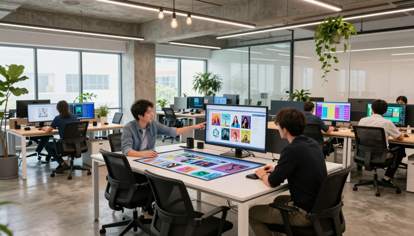 Creative agency team collaborating around a touchscreen table
