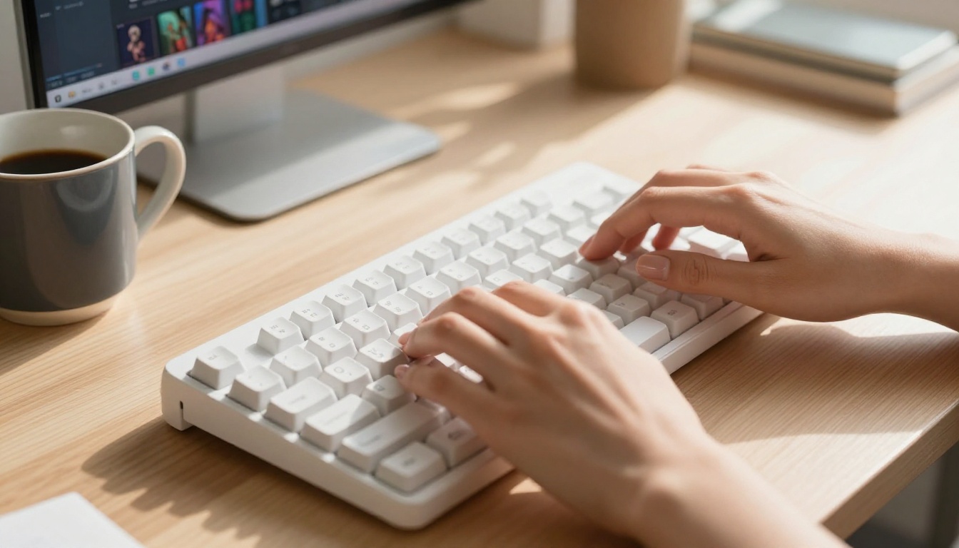 Close-up of elegant female hands typing prompts on white mechanical keyboard at birch wood desk