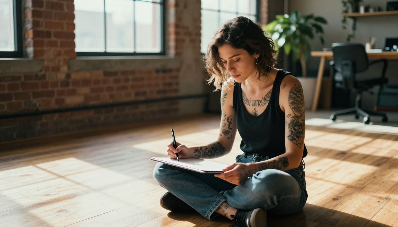 A tattooed female artist sitting on a studio floor with a drawing tablet, warm industrial light pouring through windows