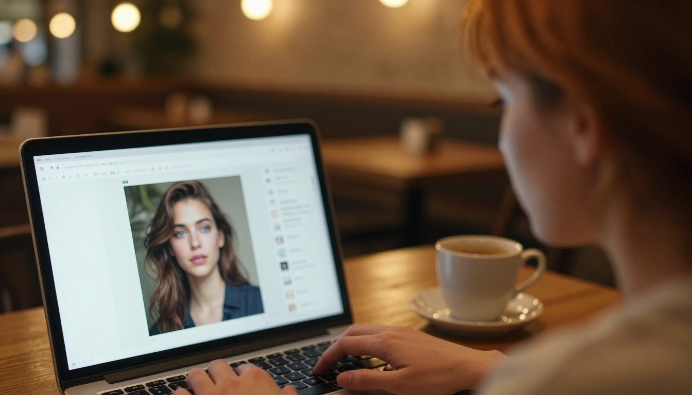 A woman with auburn hair using a laptop in a cozy cafe with warm string lights glowing in the background