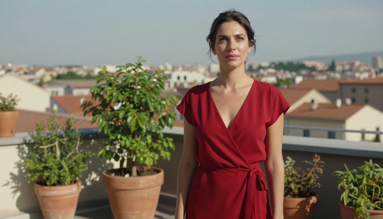 A confident woman in a red wrap dress standing on a rooftop garden with a European city skyline behind her
