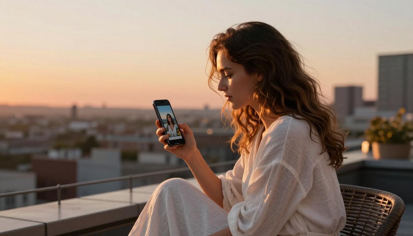 Beautiful woman on rooftop terrace at golden hour reviewing AI-generated artwork on her smartphone