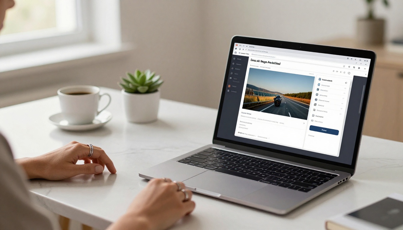 Laptop showing AI interface comparison on marble desk, lifestyle photography