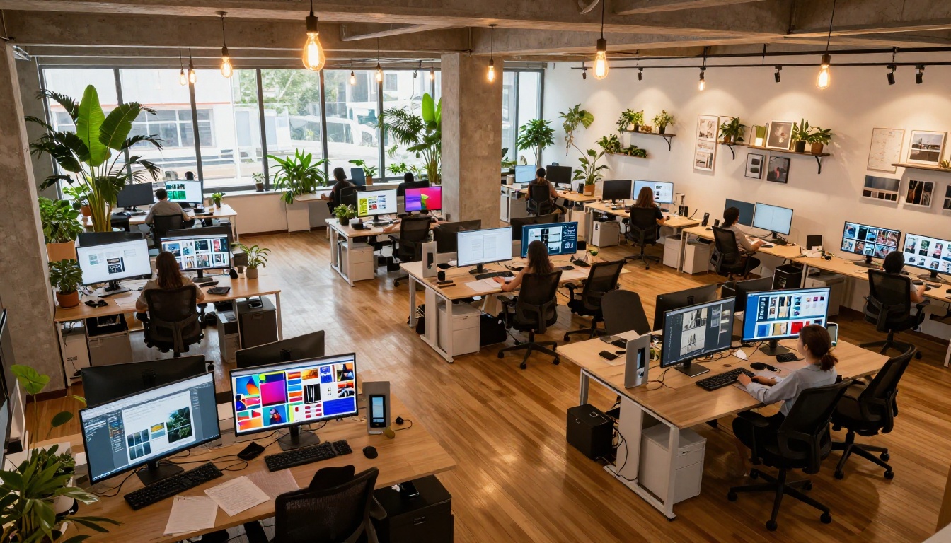 Wide aerial view of creative digital agency office with designers working on AI image projects at dual-monitor desks