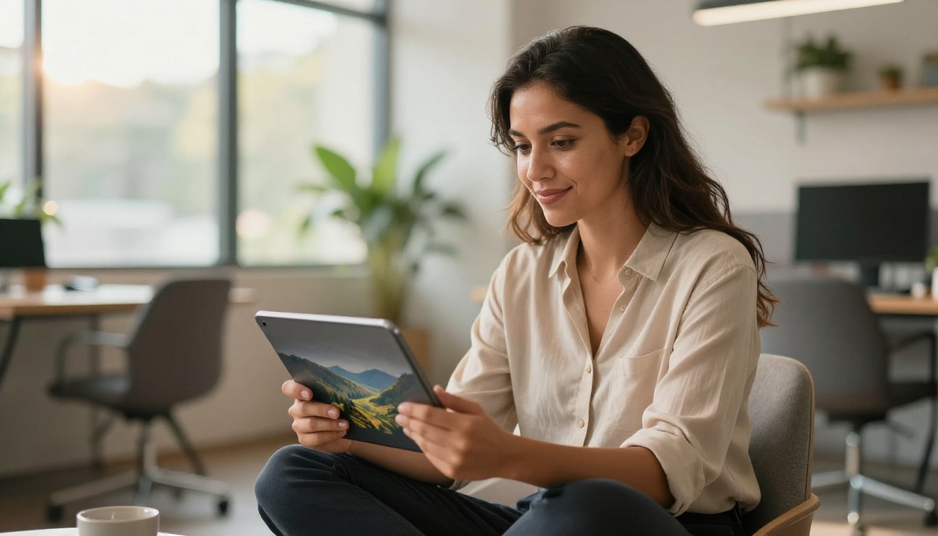 Confident Latina content creator sitting cross-legged in bright co-working space with AI image tablet