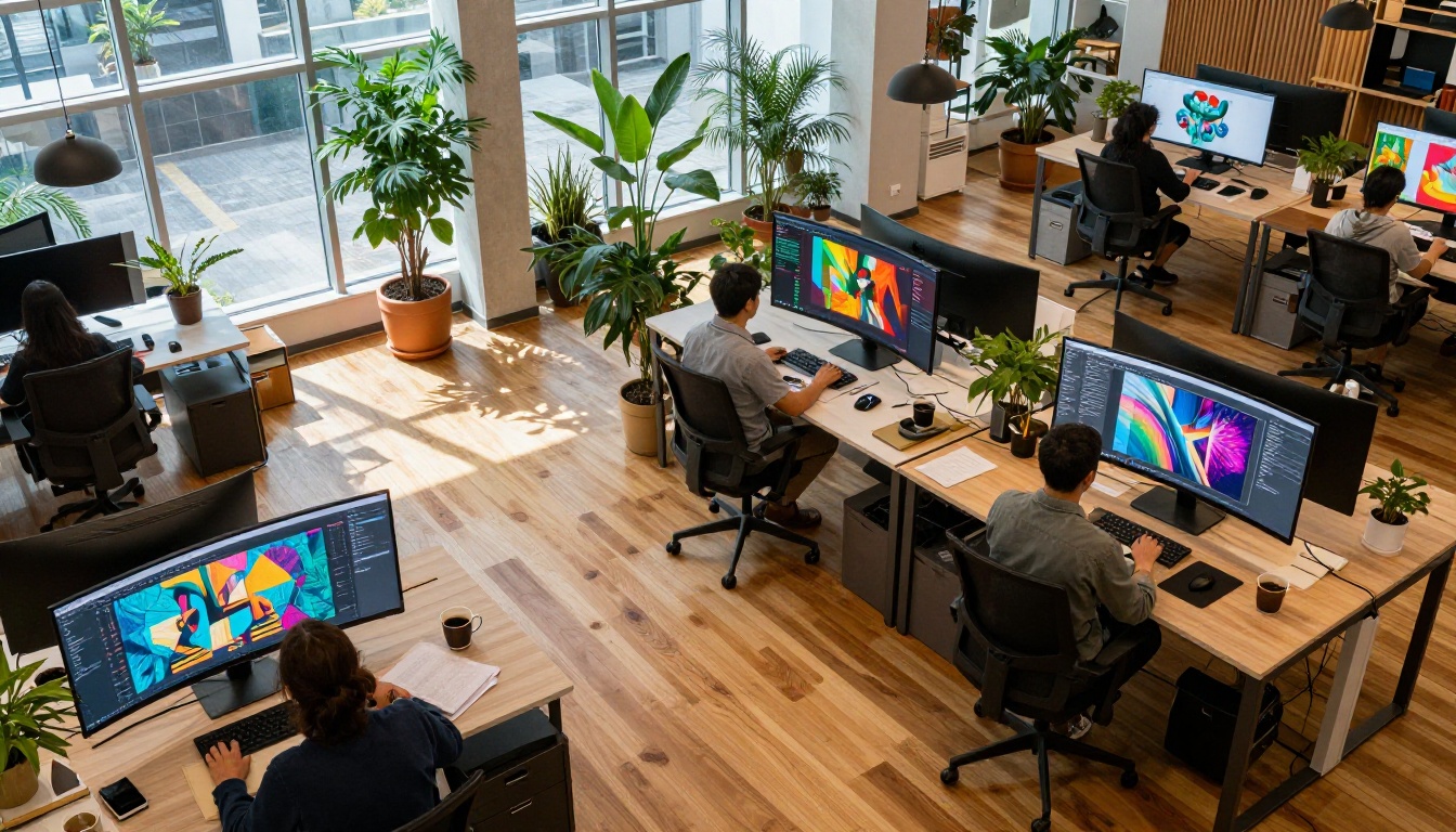 Open-plan creative office with designers working on AI art