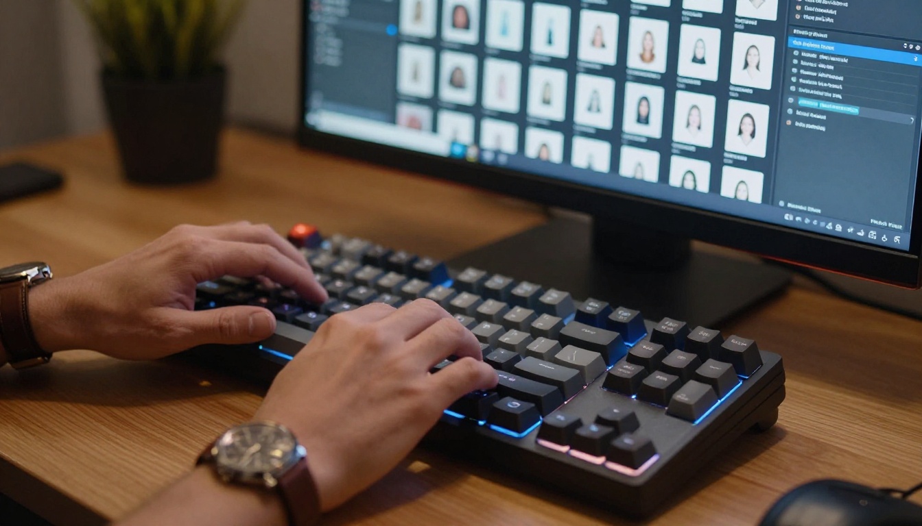 Hands typing on keyboard with AI model selection interface