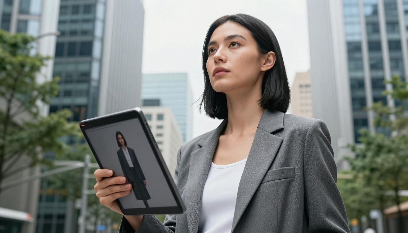 Stylish professional woman holding AI-generated fashion portfolio on city street with urban skyline