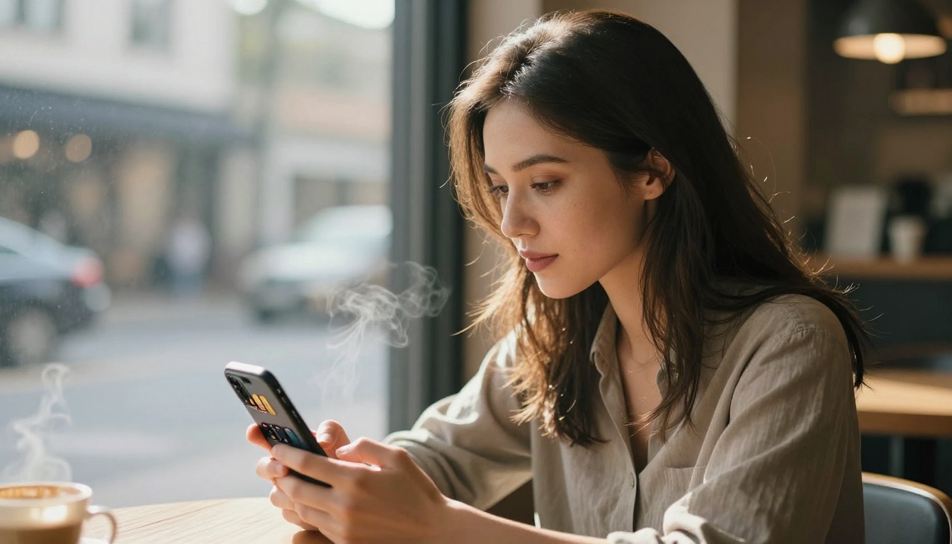 Woman at cafe browsing AI art on smartphone