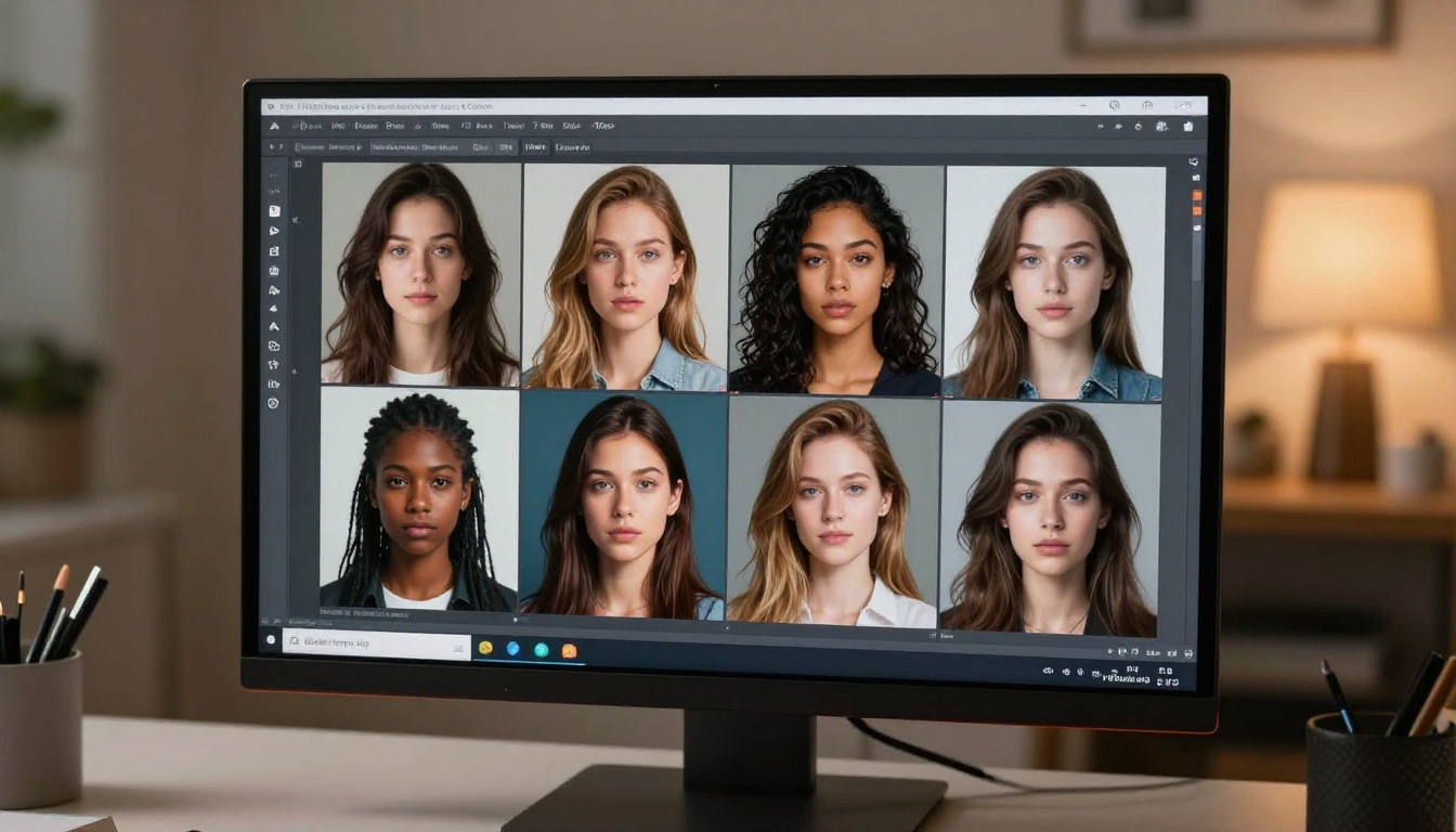 Large monitor displaying AI image generation platform with photorealistic portrait grid in soft studio light