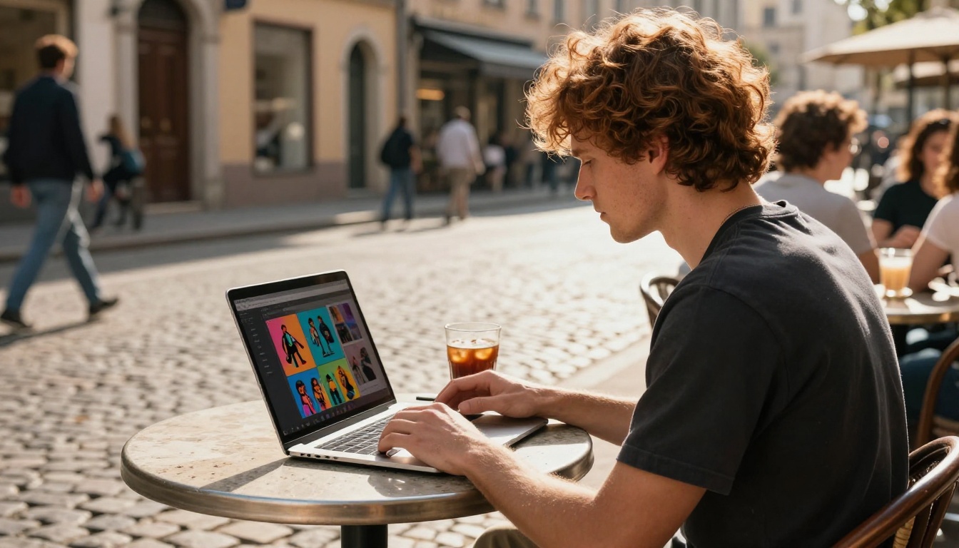 Young creative professional working on AI image project at outdoor European cafe terrace in warm afternoon light