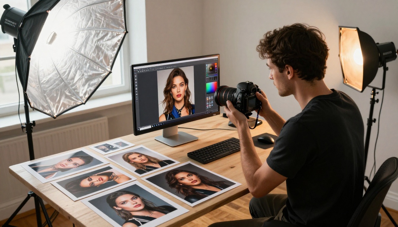 Photographer reviewing AI portraits in professional studio