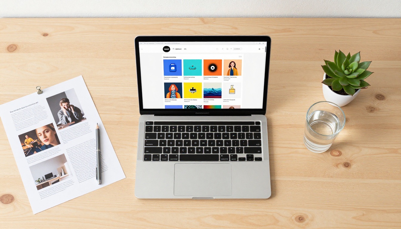 Minimalist creative desk flat-lay with MacBook showing AI image portfolio, mood board, and succulent on birch wood