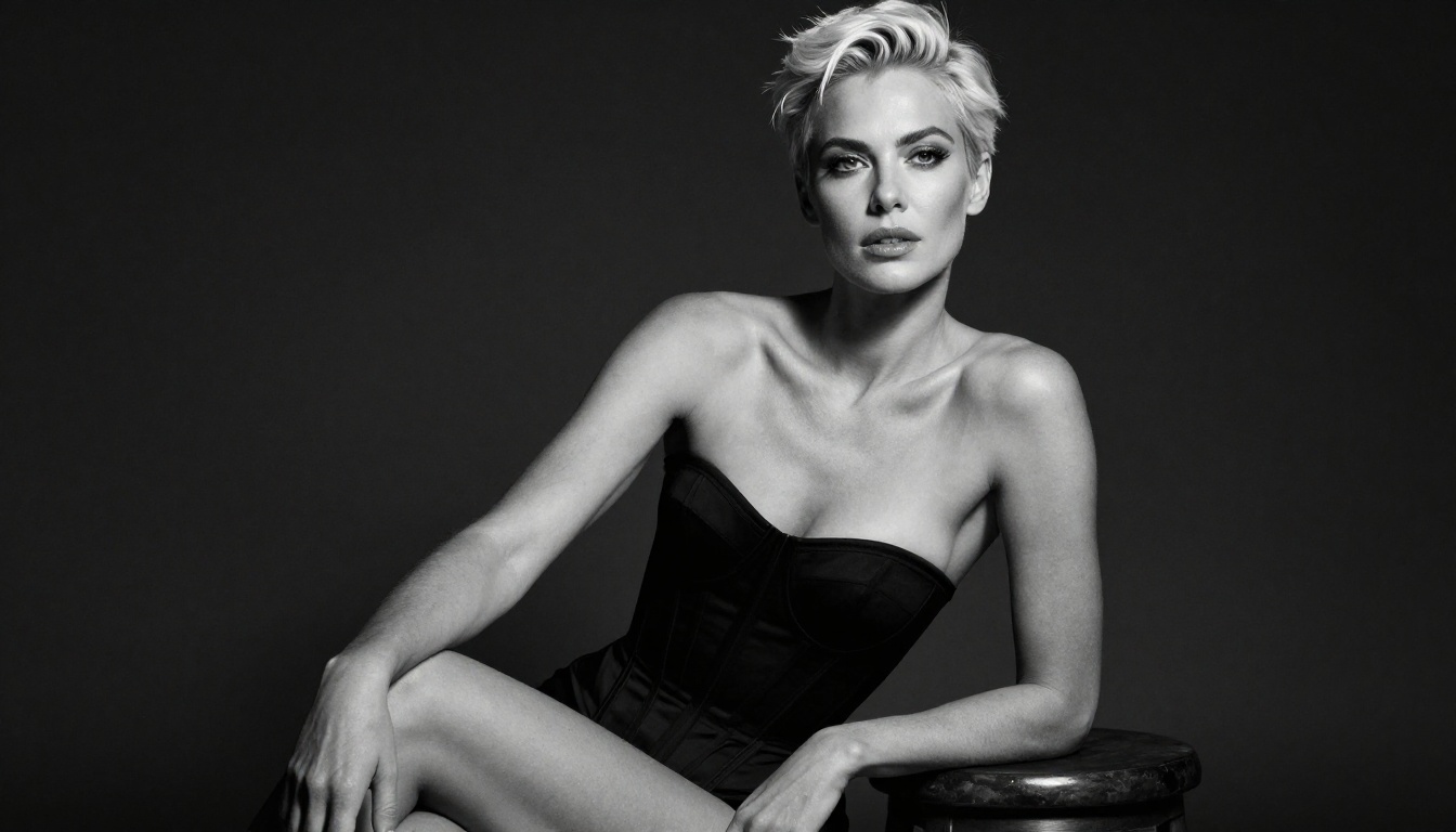 Black and white glamour studio portrait, Rembrandt lighting, classic fashion photography