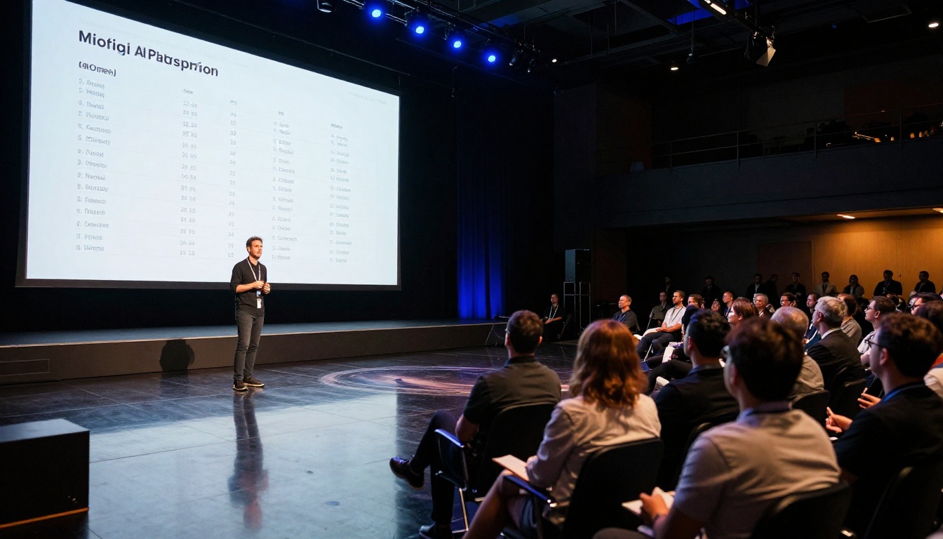 Conference stage showing AI model comparison presentation