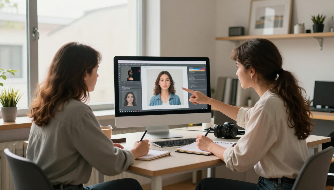 Two female content creators collaborating at a bright studio desk, reviewing AI image comparisons on monitor