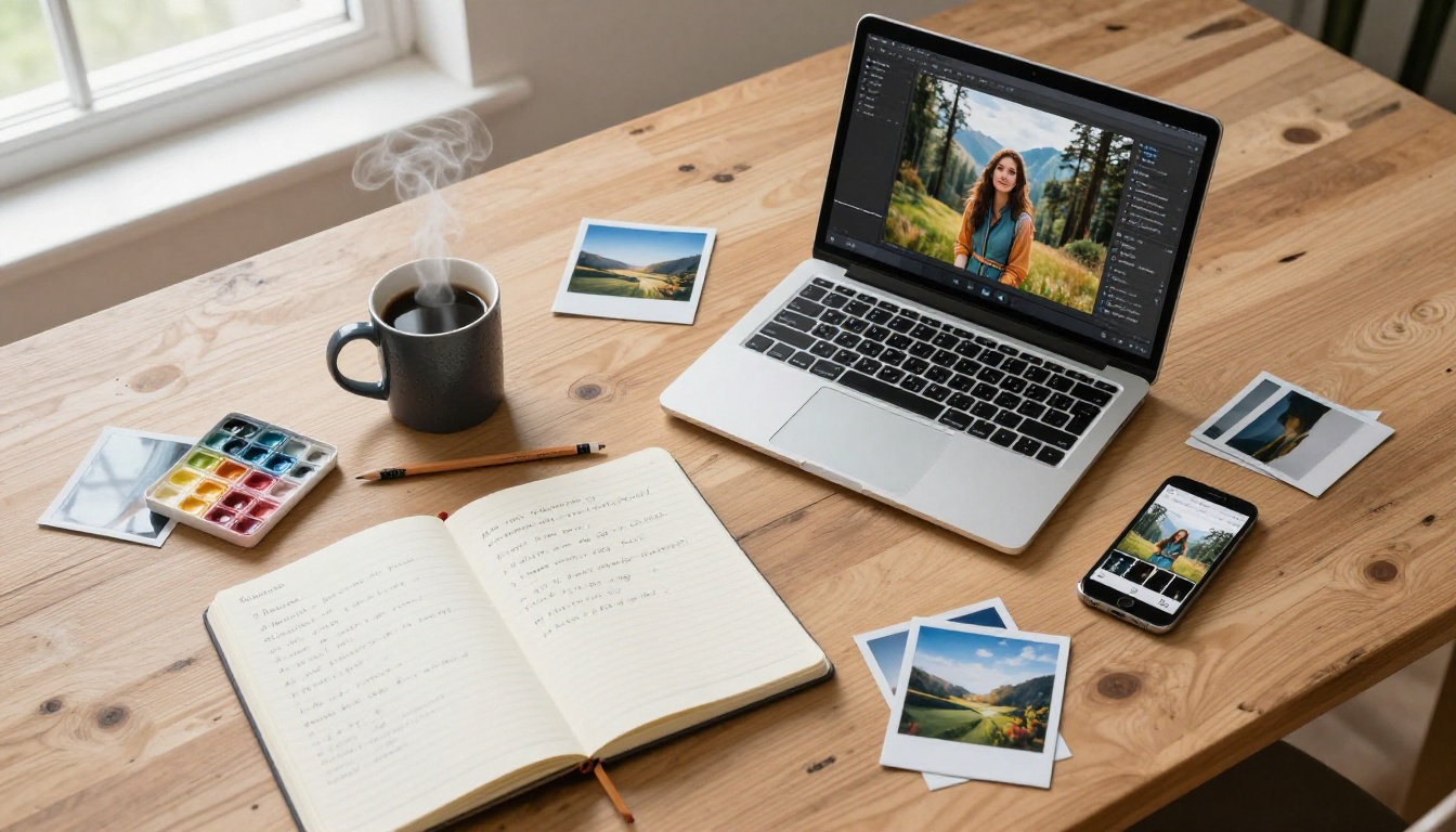 Creative workspace flat lay with laptop showing AI interface, notebook with prompts, and art materials
