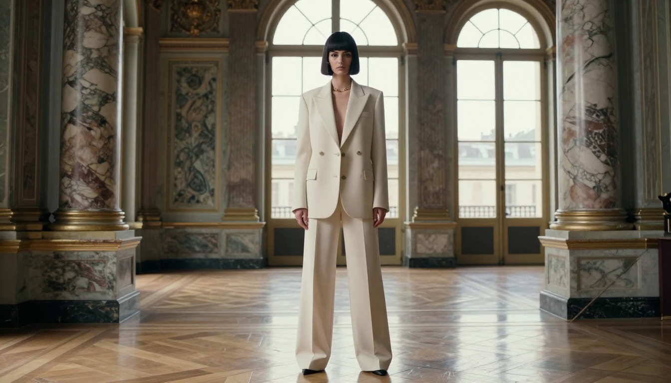 High-fashion editorial photography in a grand Parisian interior with marble columns