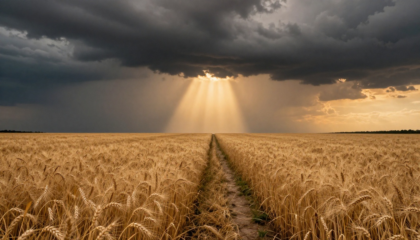 Cinematic wide-angle landscape of golden wheat field under dramatic storm sky