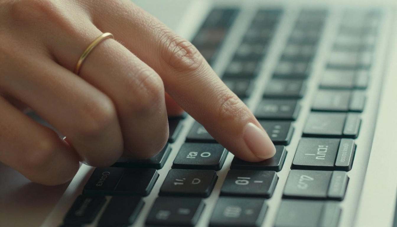 Extreme macro close-up of a woman's hand pressing Enter key on a backlit keyboard