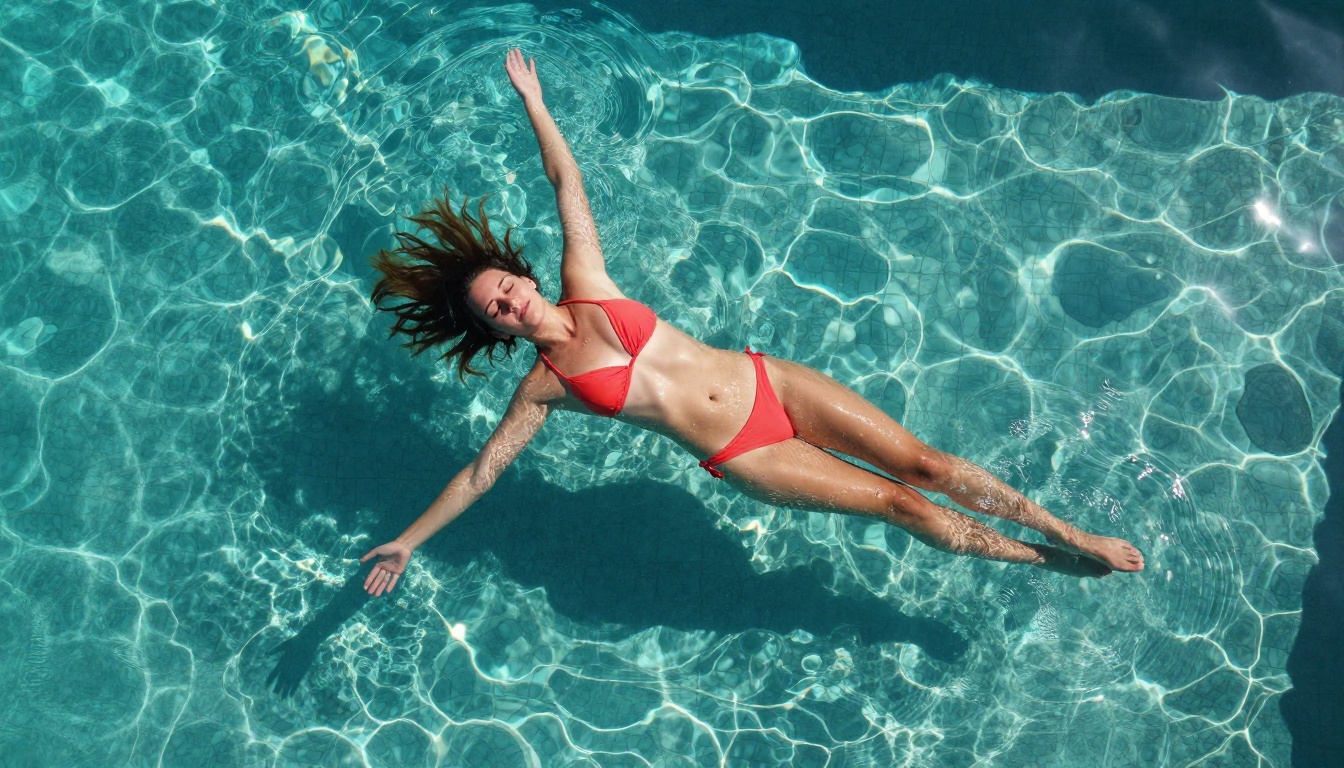 Aerial view of a woman in a coral bikini floating in a crystal-clear infinity pool, top-down drone perspective