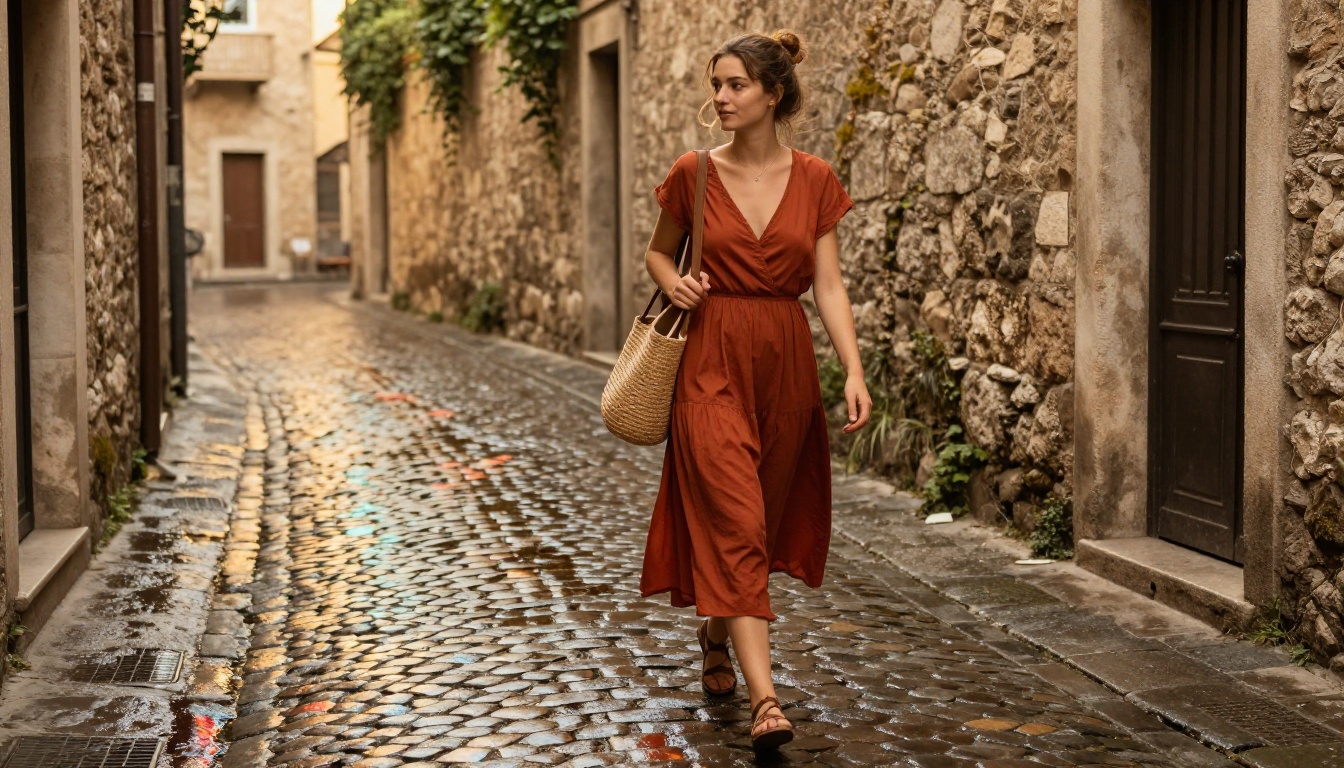 Candid street photography of a woman in rust dress walking through wet cobblestone European alley