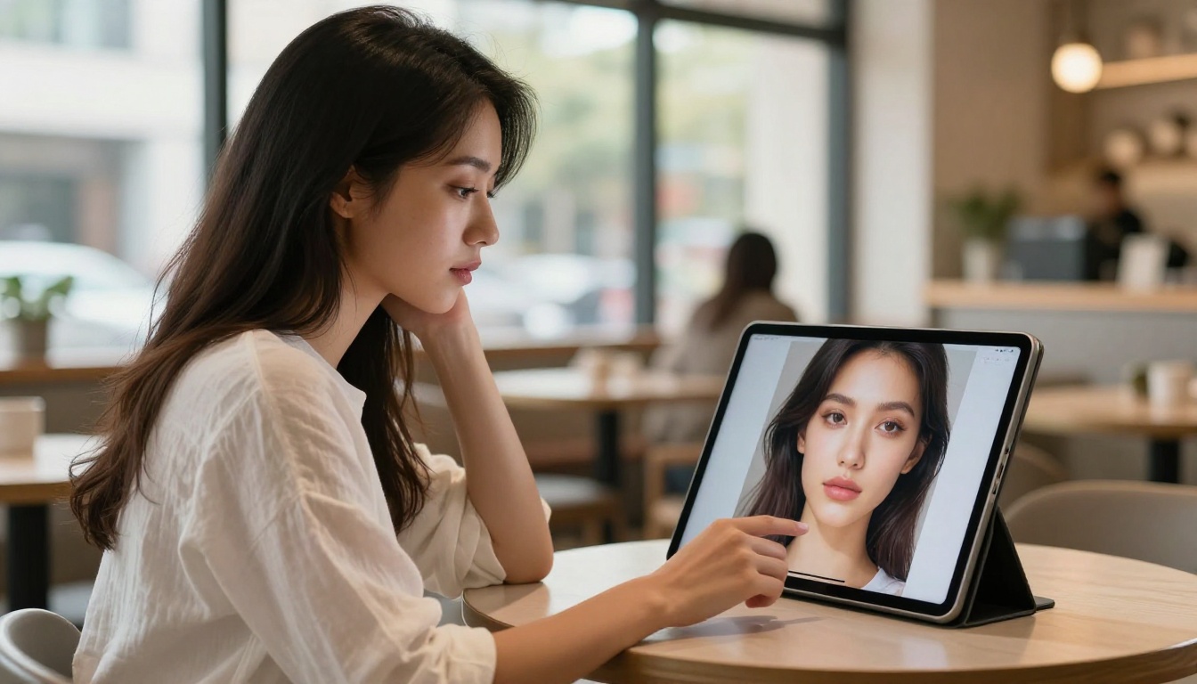 Young woman at café comparing AI outputs on tablet screen
