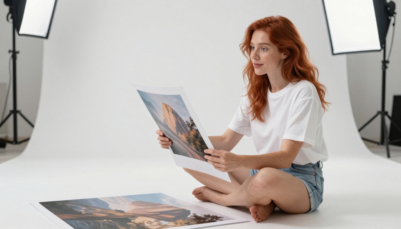 Woman with copper hair in white studio holding a large format AI-generated print with delight