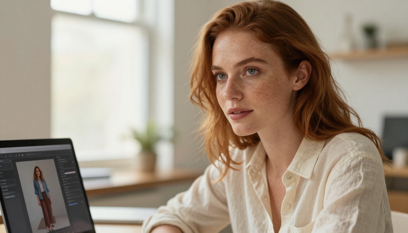 A woman using an AI image generation platform on a laptop in a professional creative studio setup