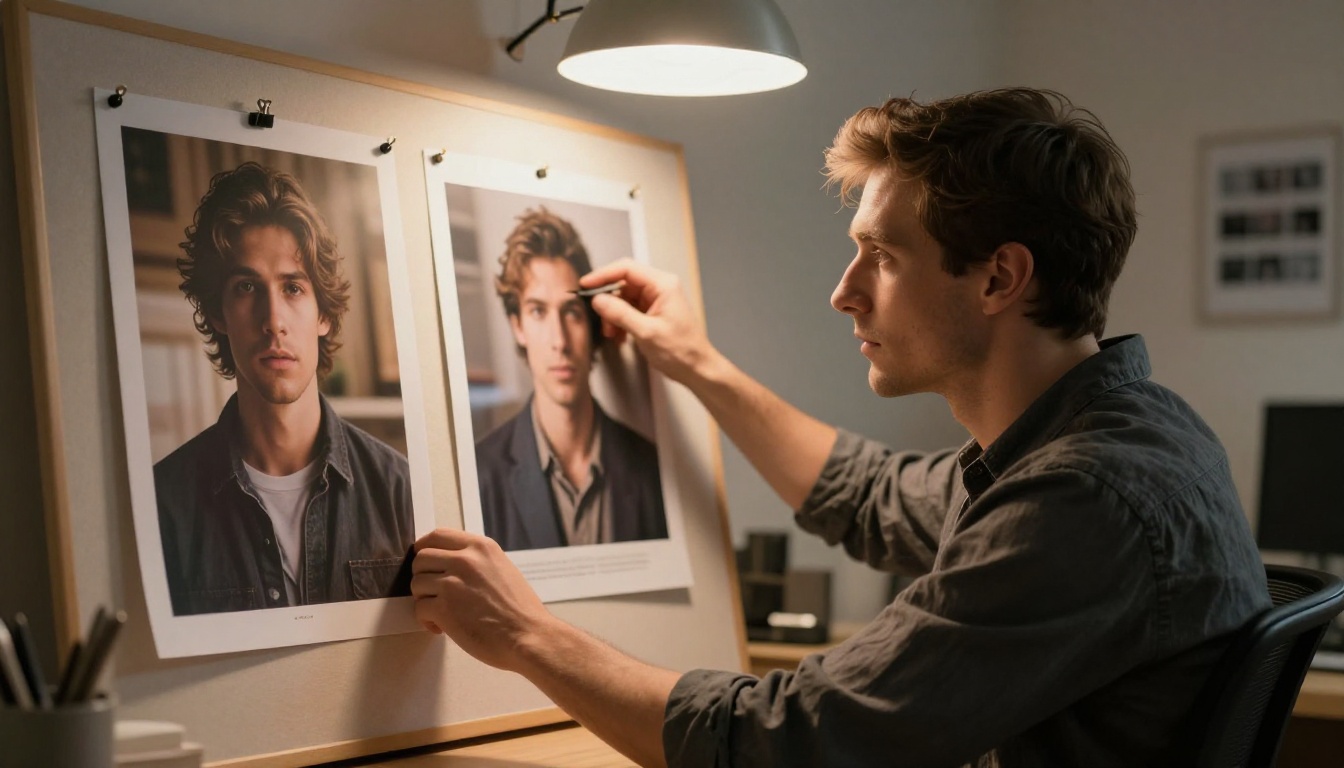 Creative professional analytically comparing AI-generated photo outputs on mood board