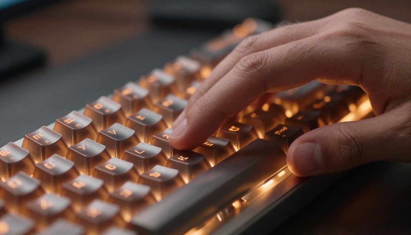 A close-up macro of hands typing on a custom mechanical keyboard with amber backlighting