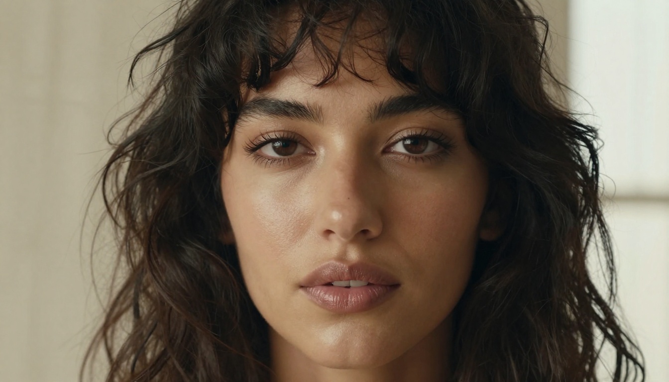 Close-up portrait of a woman with olive skin and dark curls, soft Rembrandt lighting, rendered with photorealistic accuracy
