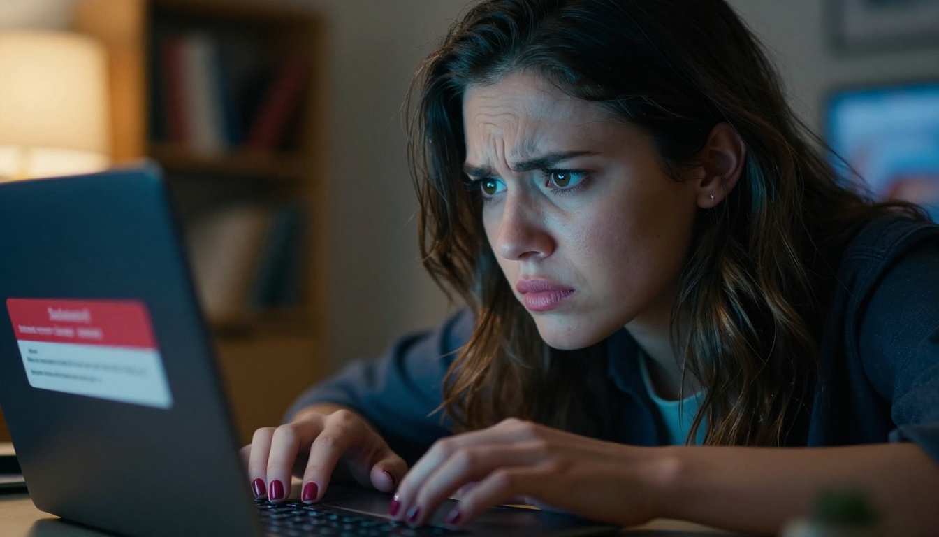 A frustrated creator sitting at a laptop displaying a content restriction error message, the all-too-familiar experience of having a prompt blocked by overly aggressive AI safety filters