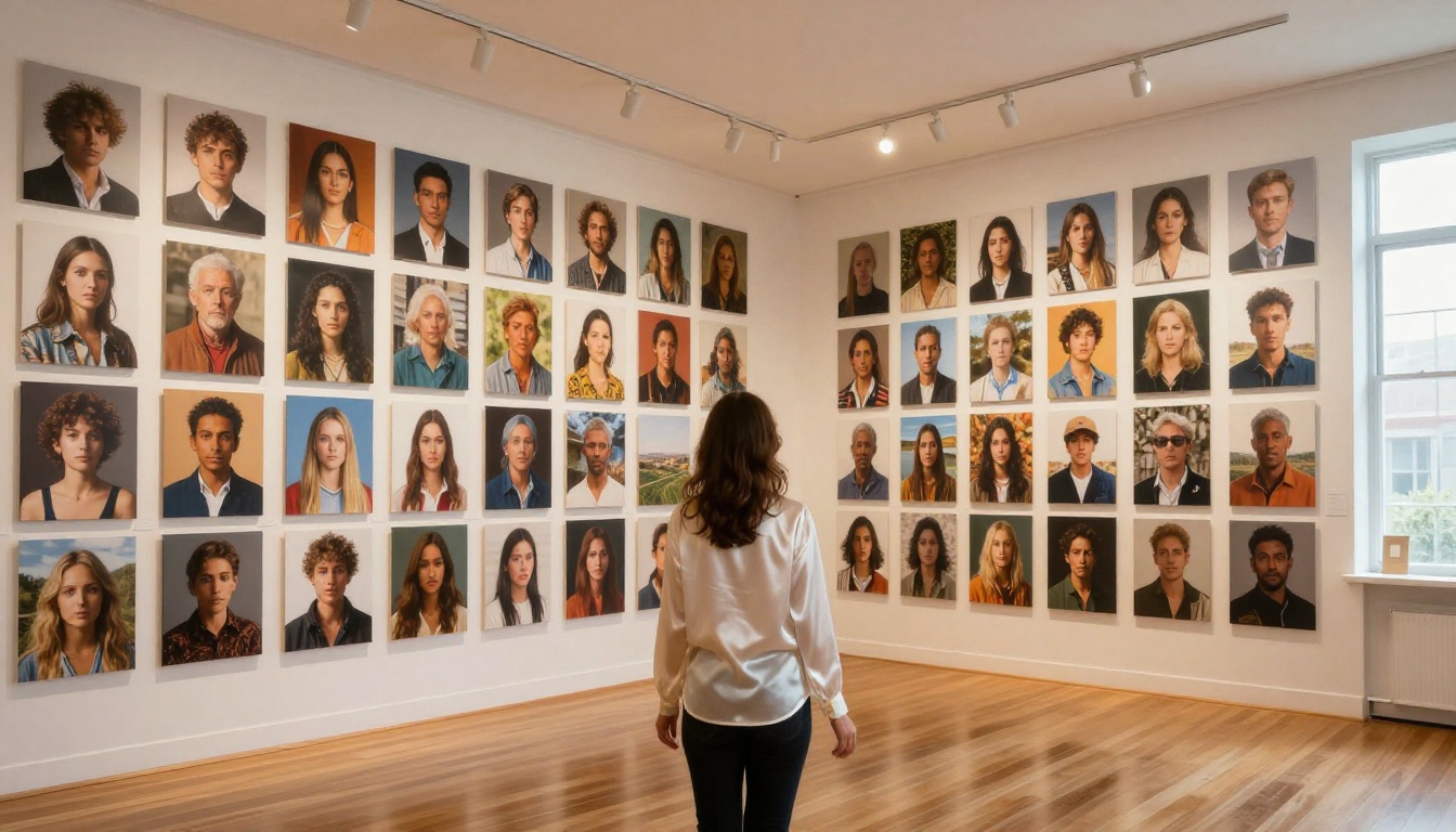A stylish creative professional standing in a gallery full of diverse photorealistic portrait prints, representing the breadth of what becomes accessible when AI content restrictions are removed