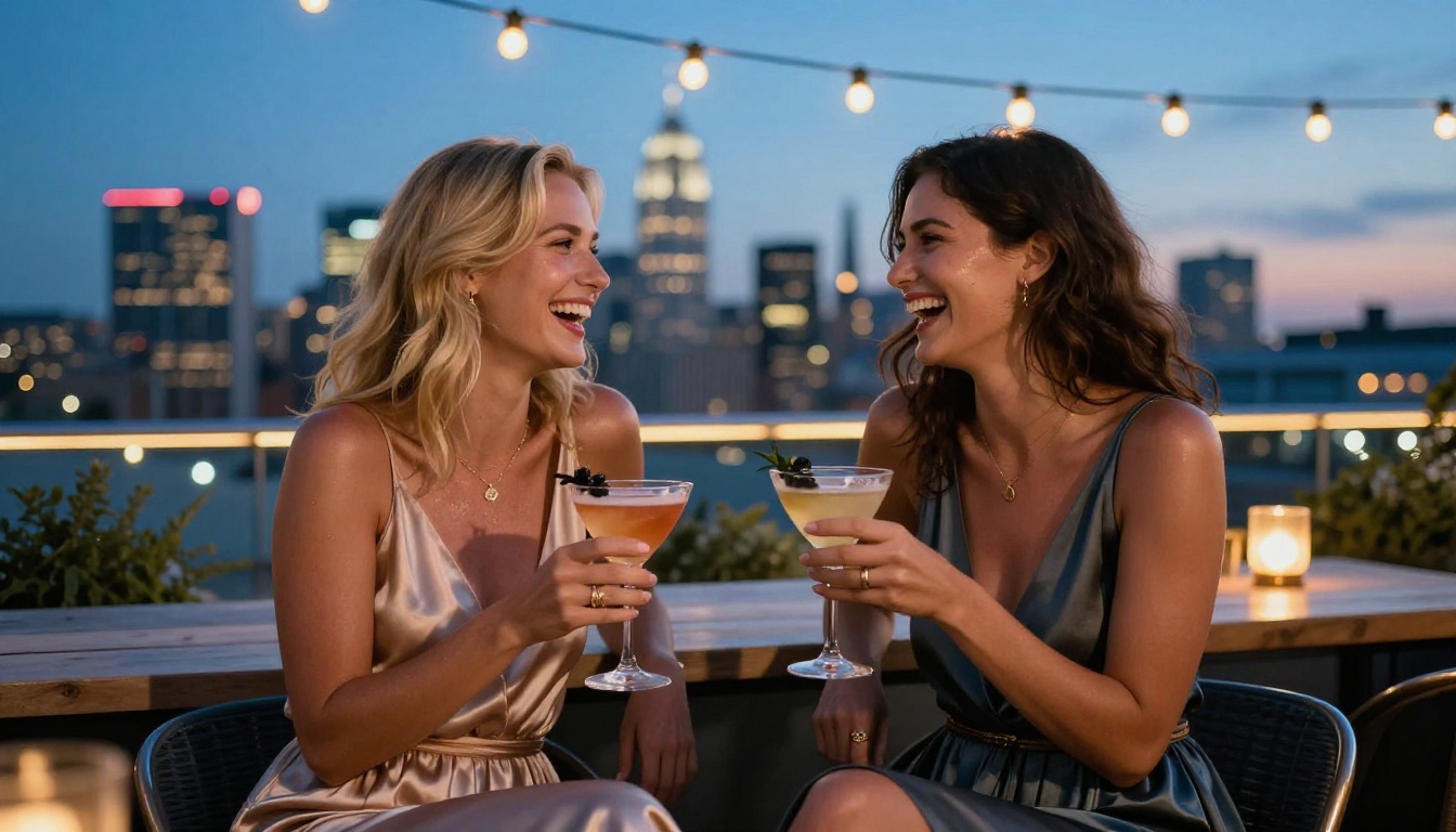 Women enjoying the creative freedom of AI image generation at a rooftop bar