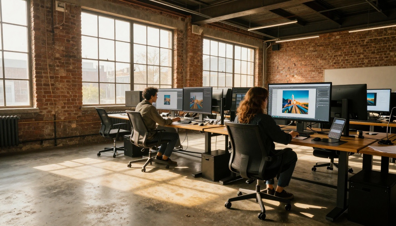 Creative professionals collaborating on AI output comparison in design studio