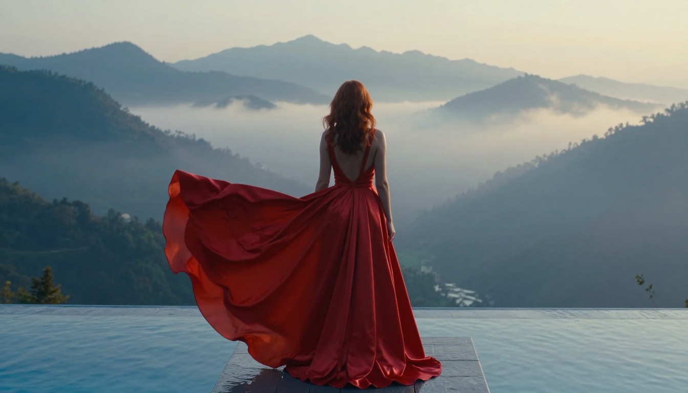 A stunning woman in a red evening gown at a mountain infinity pool, generated with Flux models on PicassoIA