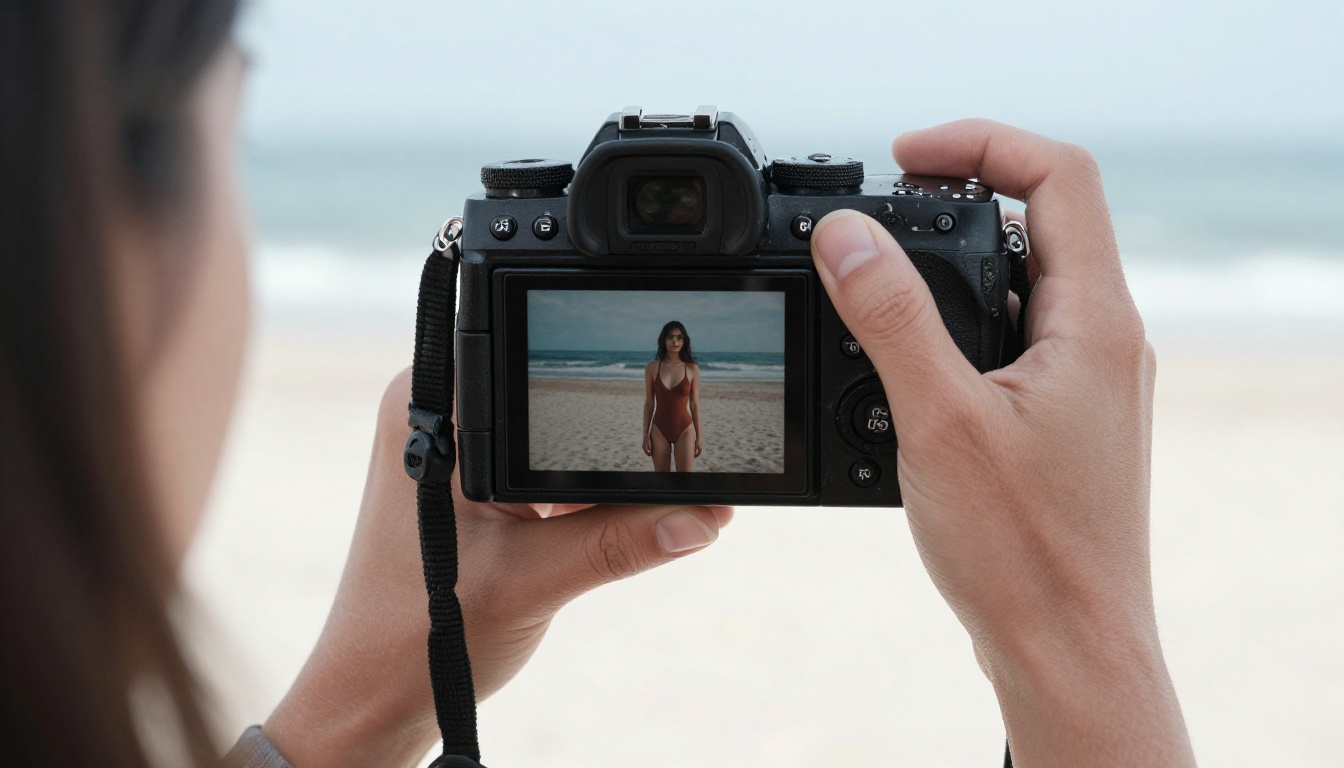 A behind-the-scenes shot of a photographer with mirrorless camera shooting a swimsuit model on white sand