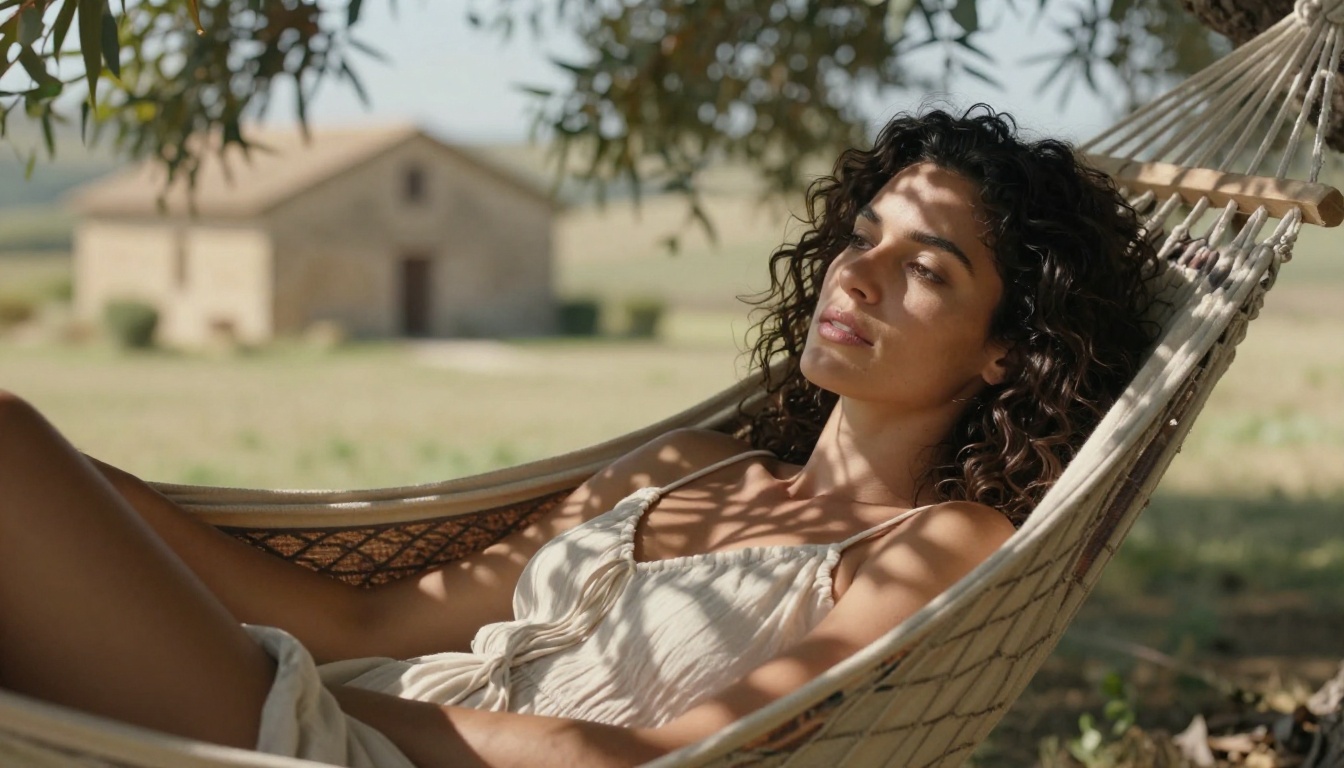 A woman with dark curly hair reclining in a hammock in a Tuscan garden, dappled morning light, Canon 135mm telephoto