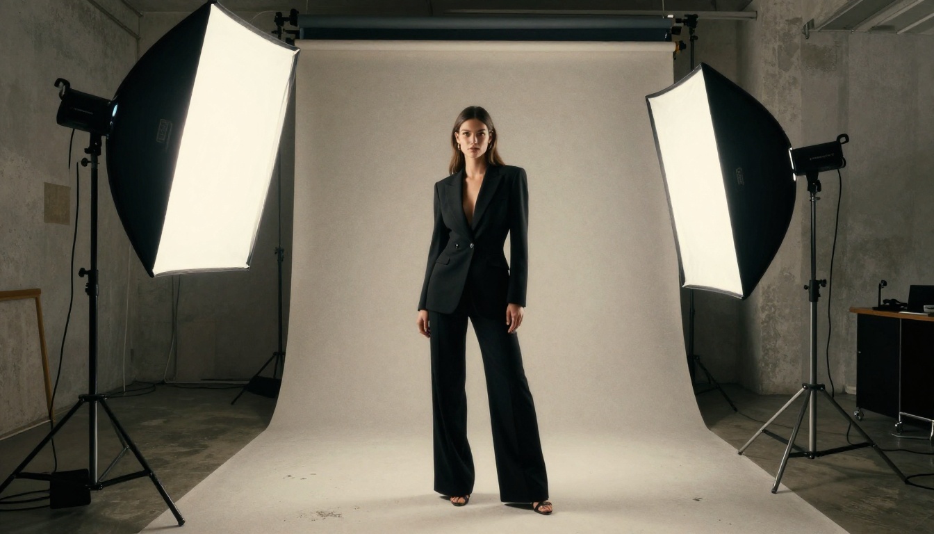 Professional fashion photography studio setup with model in black evening wear under dramatic softbox lighting, representing the professional quality achievable with Flux models on Picasso AI
