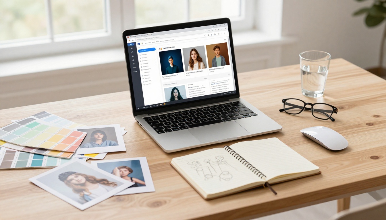 Creative designer workspace flat-lay with laptop, printed portrait outputs, color swatches, and sketch notebook representing the full workflow available through Picasso AI's integrated toolset
