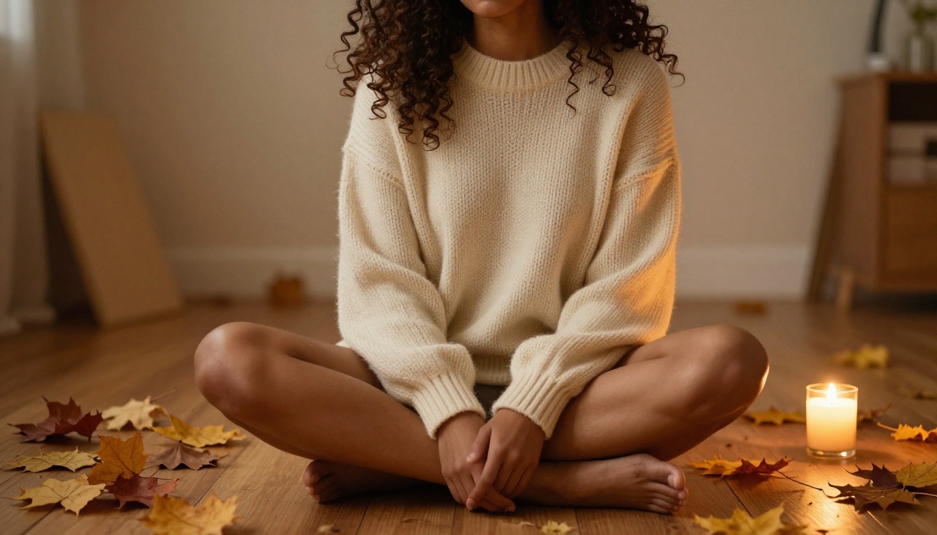 A woman with natural curly hair in a warm studio setting, sitting cross-legged in a cream knit sweater