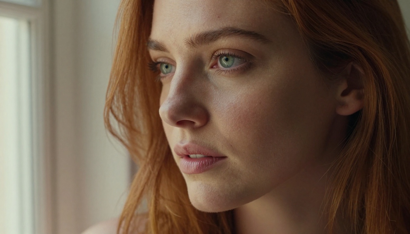Striking fine art close-up portrait of a woman with auburn hair and green eyes bathed in dramatic window light, 85mm f/1.4, showcasing the skin detail and lighting accuracy that Picasso AI's best models can produce