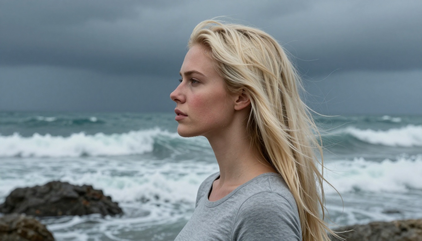 A woman with platinum blonde hair in profile against a stormy ocean, contemplative and striking