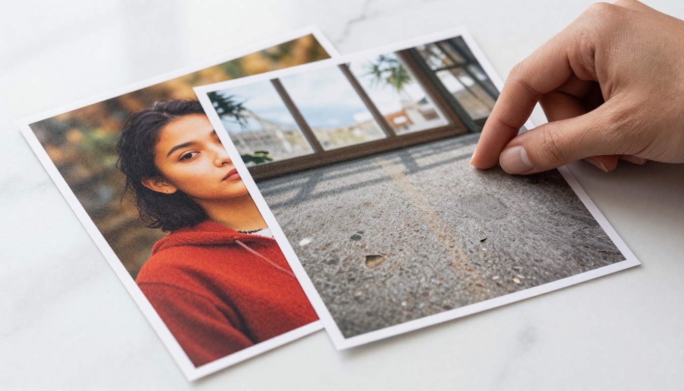 Two AI-generated photographic prints compared side by side on a marble surface Two AI-generated photographic prints compared side by side on a marble surface