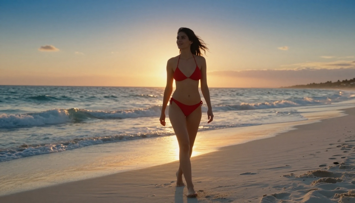 A beautiful woman in a red bikini walking confidently along a pristine white sand beach at golden hour, natural light and realistic skin texture, editorial quality that represents what Picasso AI delivers without content restriction walls