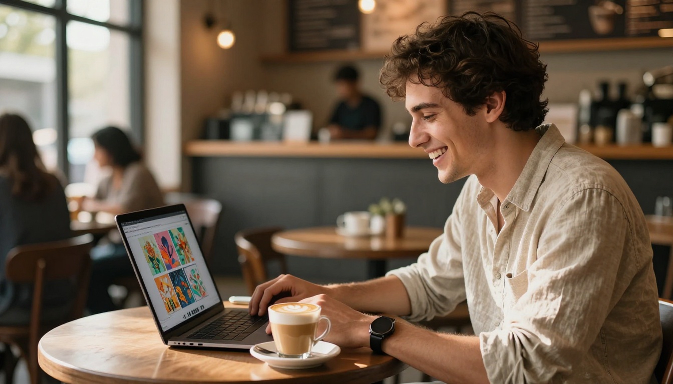 A delighted creative professional smiling at his laptop in a sunny coffee shop, experiencing what AI image generation looks like without constant content rejection walls getting between him and his work