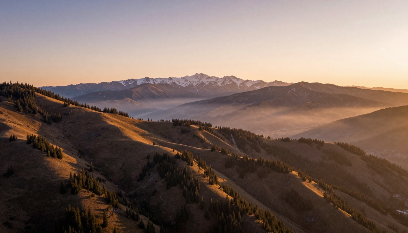 Aerial landscape photograph at golden hour with pine forests and mountain peaks Aerial landscape photograph at golden hour with pine forests and mountain peaks